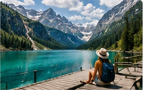 Traveler overlooking a mountain lake